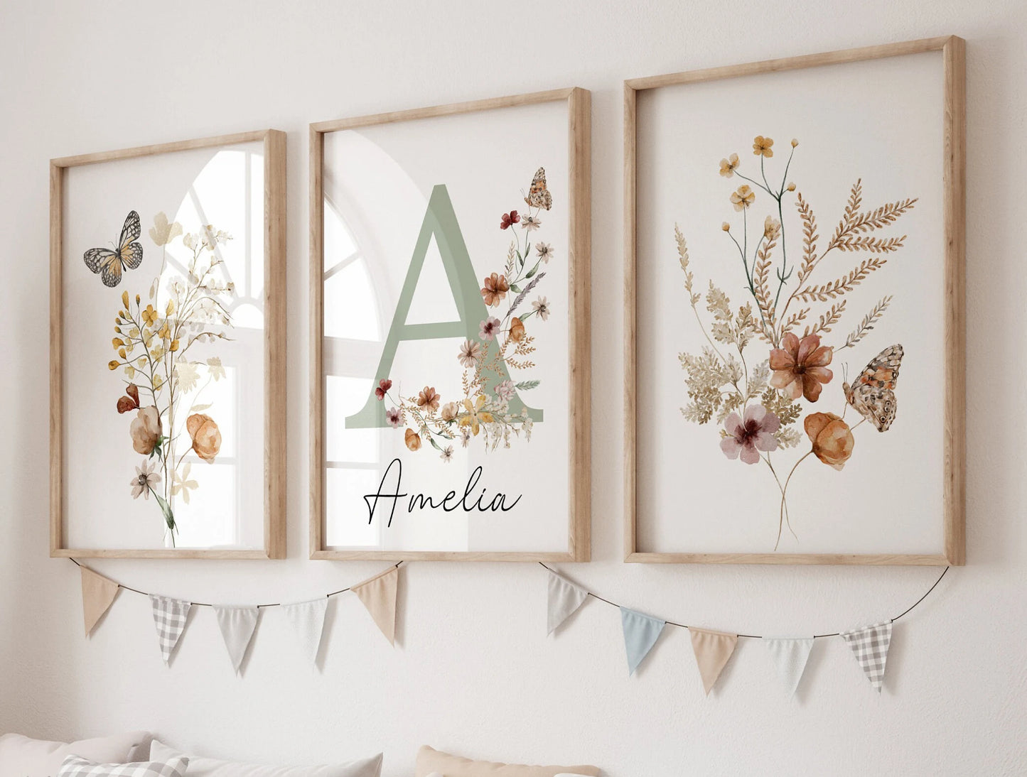 Set of 3 Personalized Nursery Name Sign Wall Art Prints | Boho, Wildflowers Nursery Decor| Girls Room decor | Custom Digital Download