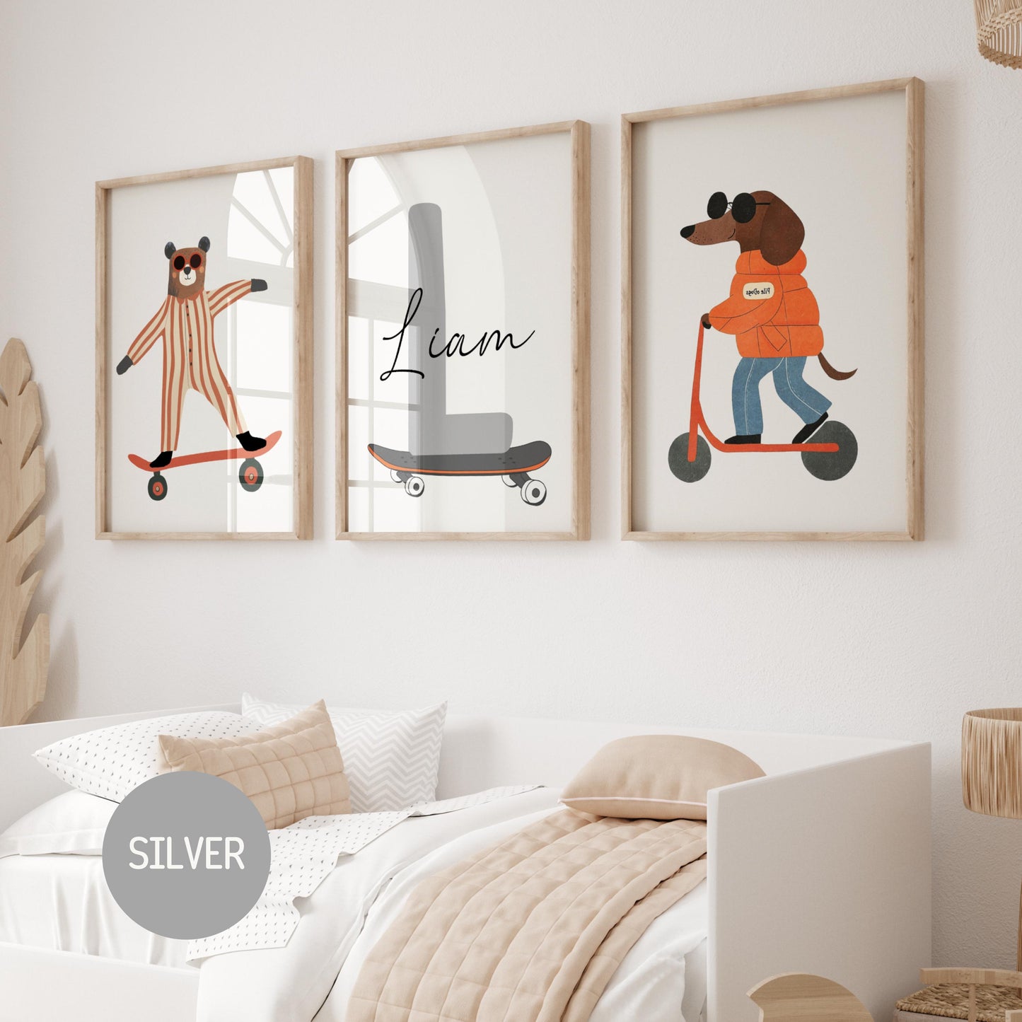 Skateboarding bear nursery print personalised with name, whimsical kids bedroom wall art, digital download
