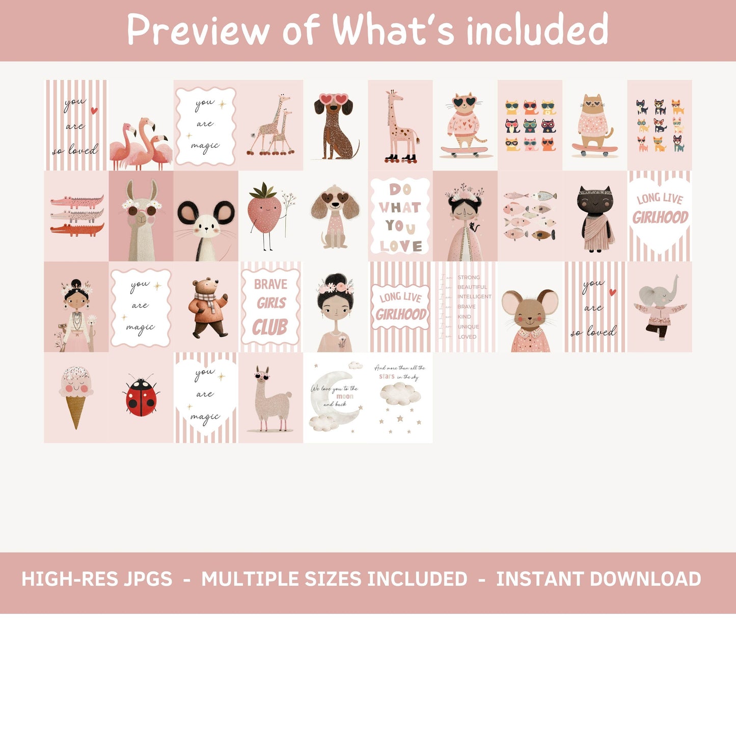 70+ Baby Girl Nursery Wall Art Prints bundle - Pink Nursery Decor & Girls Room Prints | SuArtPrintStudio
