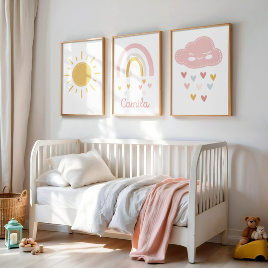 Personalized Baby Girl Nursery Wall Art Prints Set of 3: Rainbow, Name Sign, Cloud & Sun(Digital Download)