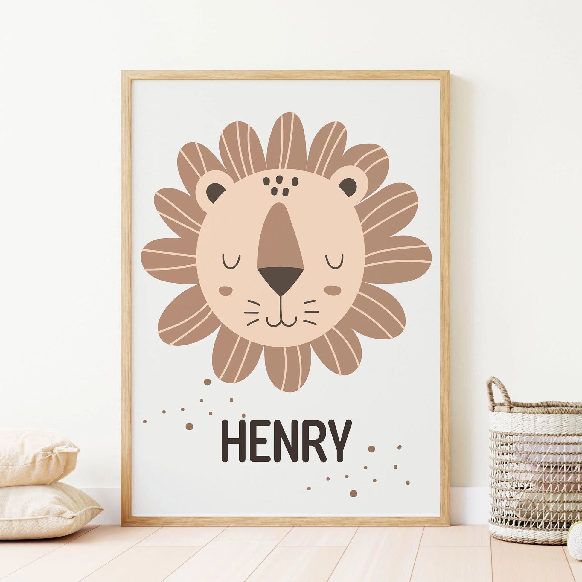 Personalized Safari Nursery Prints Set of 3 by SuArt Print Studio featuring lion, Hakuna Matata quote and custom baby name wall art – digital download nursery decor.