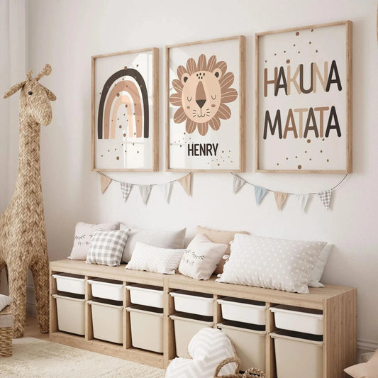 Personalized Safari Nursery Prints Set of 3 by SuArtPrintStudio featuring lion, Hakuna Matata quote and custom baby name wall art – digital download nursery decor.