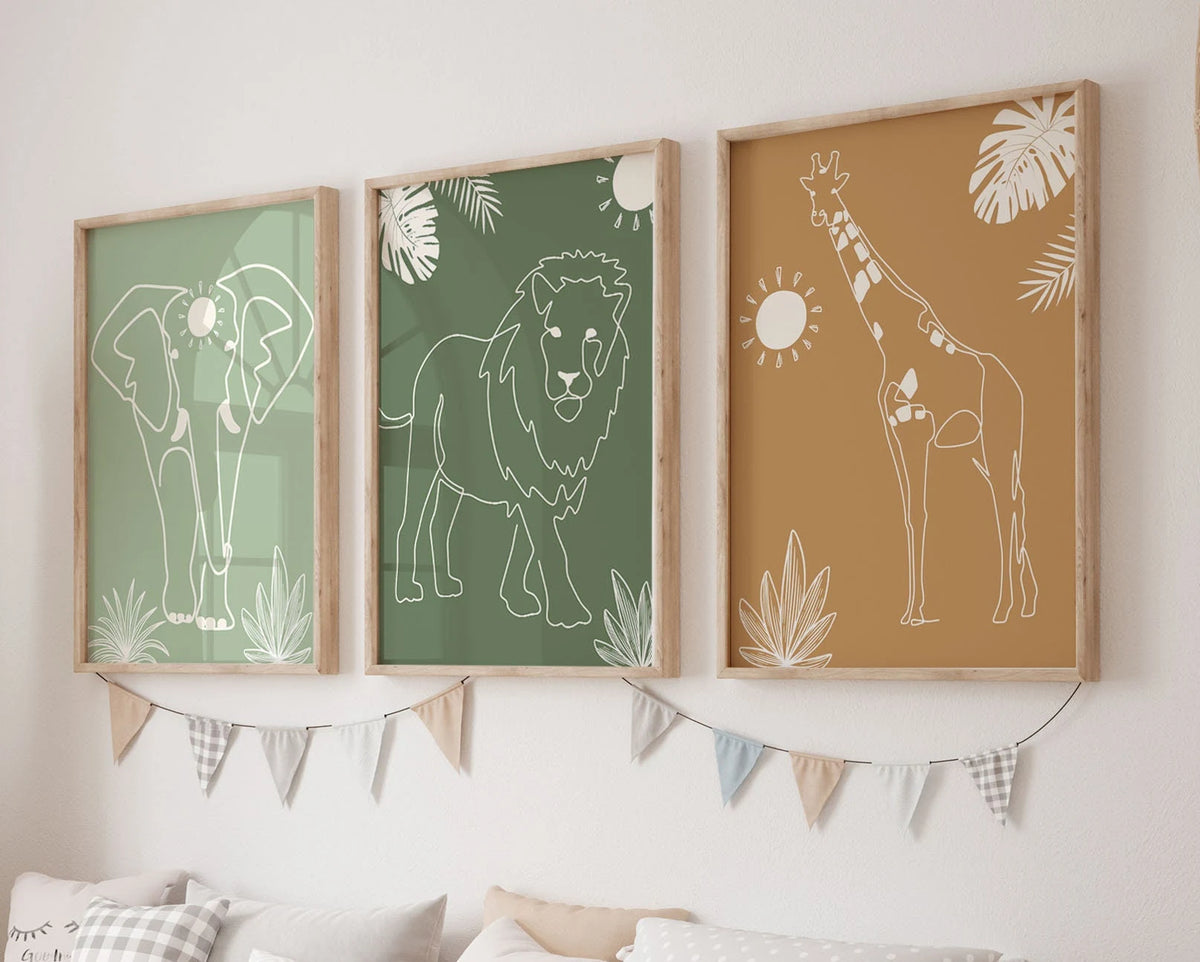 Boho Safari Animals Nursery Wall Art Prints: Line Art, Nursery decor,Minimalist  (Digital Download)