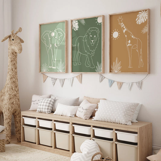 Boho Safari Animals Nursery Wall Art Prints: Line Art, Nursery decor,Minimalist  (Digital Download)
