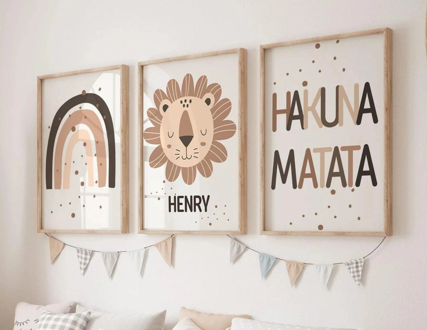 Personalized Safari Nursery Prints Set of 3 by SuArtPrintStudio featuring lion, Hakuna Matata quote and custom baby name wall art – digital download nursery decor.