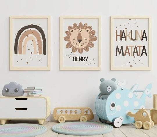 Personalized Safari Nursery Prints Set of 3 by SuArtPrintStudio featuring lion, Hakuna Matata quote and custom baby name wall art – digital download nursery decor.
