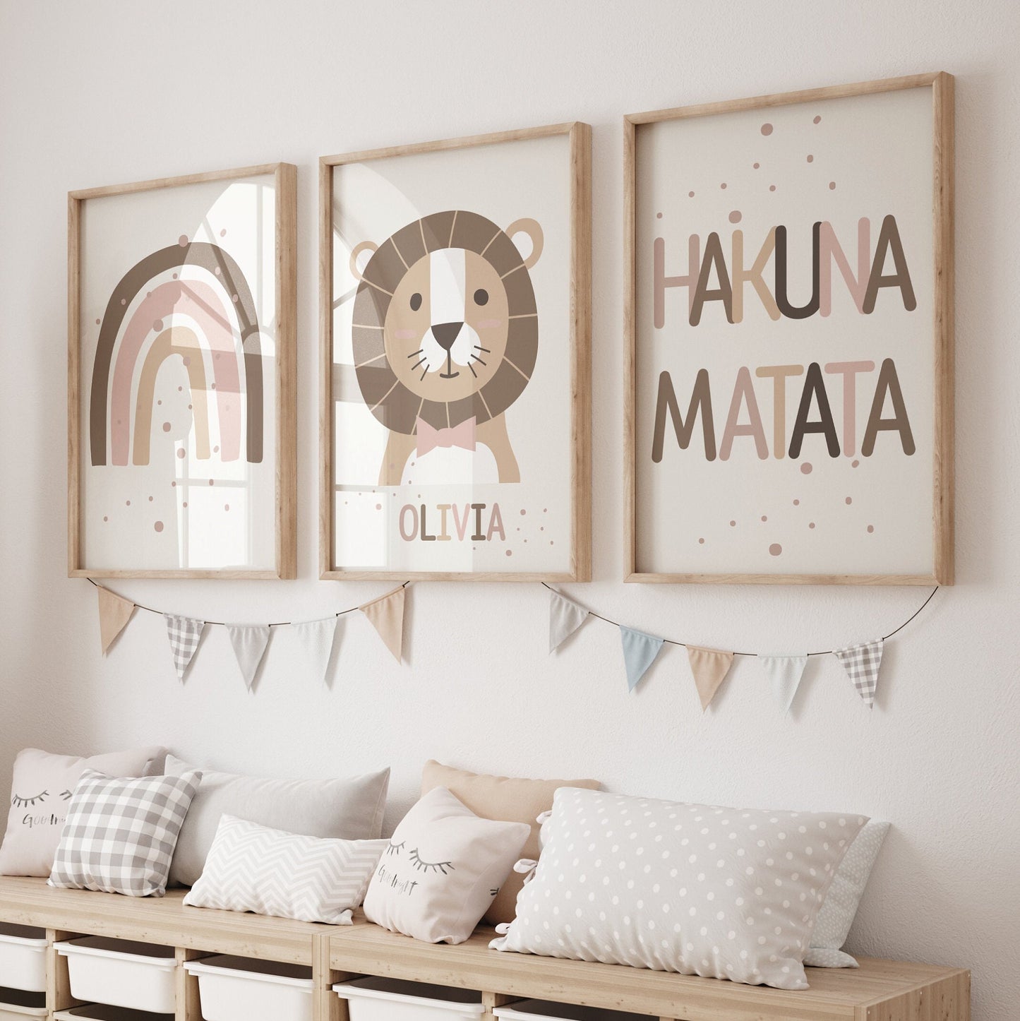 Set of 3 Jungle Animal 'Hakuna Matata' Wall Art Prints| Personalised Name| Boho, Safari, Lion, Rainbow| Nursery Child Kids Decor