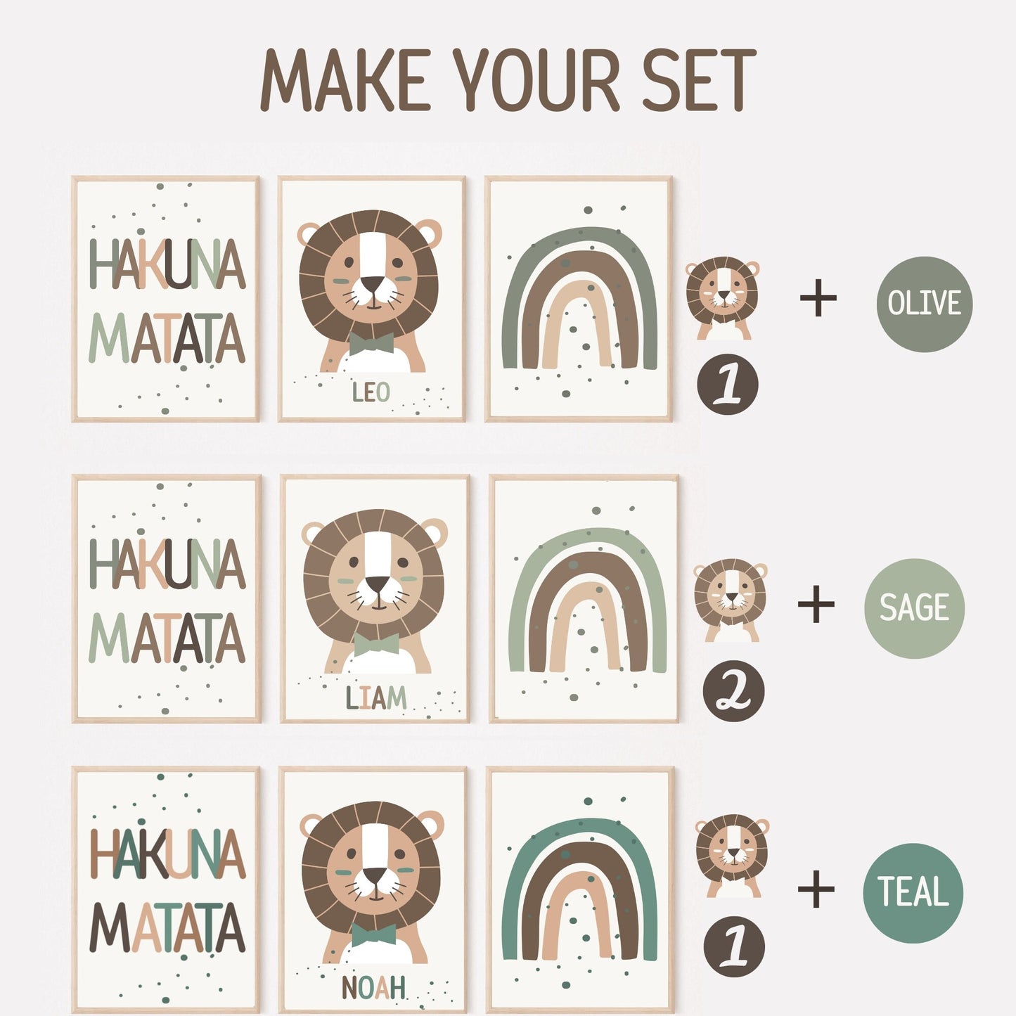 Set of 3 Jungle Animal 'Hakuna Matata' Wall Art Prints| Personalised Name| Boho, Safari, Lion, Rainbow| Nursery Child Kids Decor