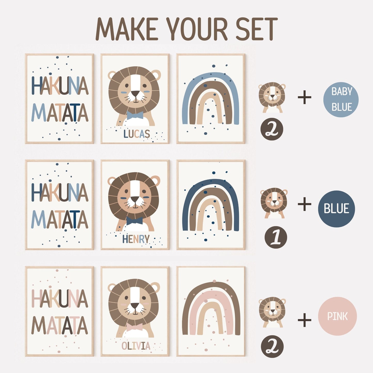 Set of 3 Jungle Animal 'Hakuna Matata' Wall Art Prints| Personalised Name| Boho, Safari, Lion, Rainbow| Nursery Child Kids Decor