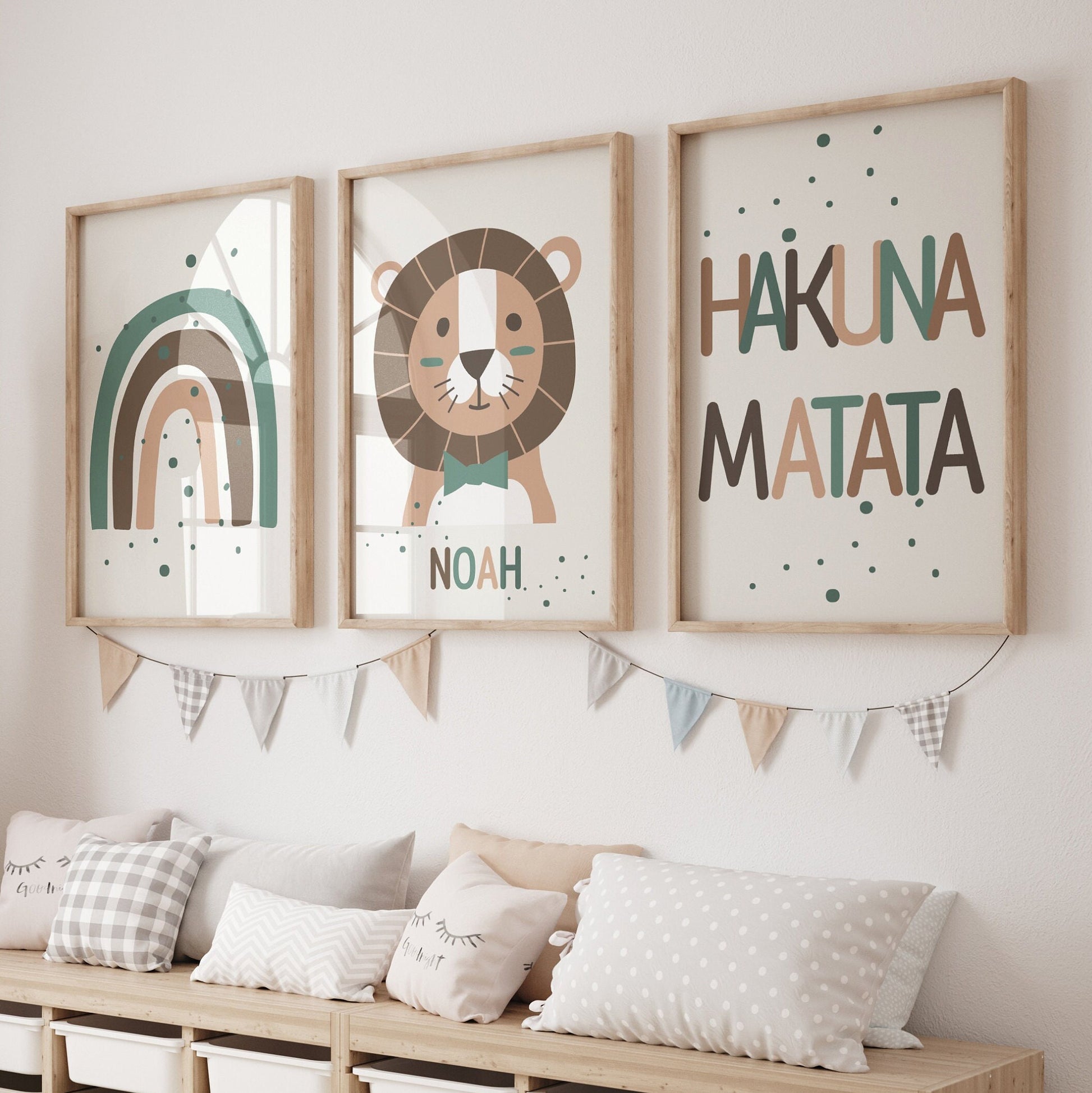 Set of 3 Jungle Animal 'Hakuna Matata' Wall Art Prints| Personalised Name| Boho, Safari, Lion, Rainbow| Nursery Child Kids Decor