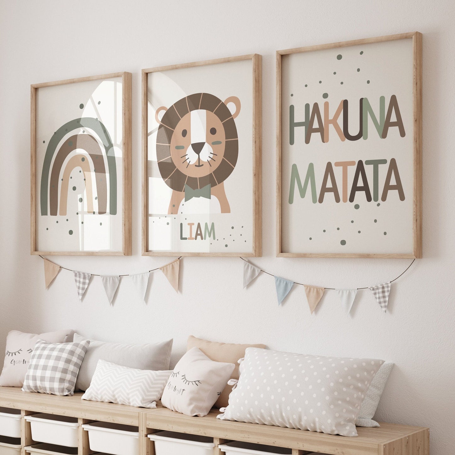 Set of 3 Jungle Animal 'Hakuna Matata' Wall Art Prints| Personalised Name| Boho, Safari, Lion, Rainbow| Nursery Child Kids Decor