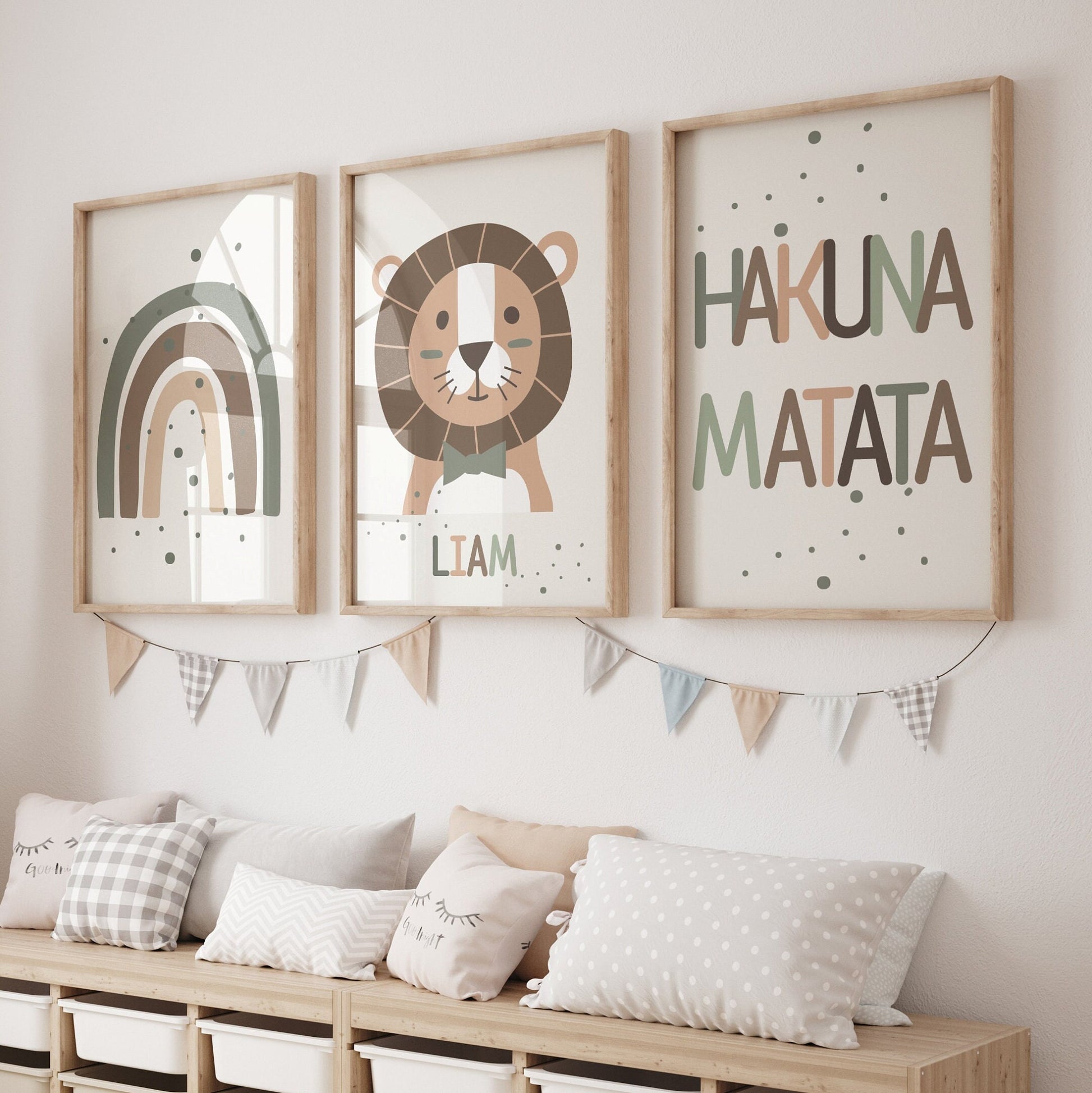 Set of 3 Jungle Animal 'Hakuna Matata' Wall Art Prints| Personalised Name| Boho, Safari, Lion, Rainbow| Nursery Child Kids Decor