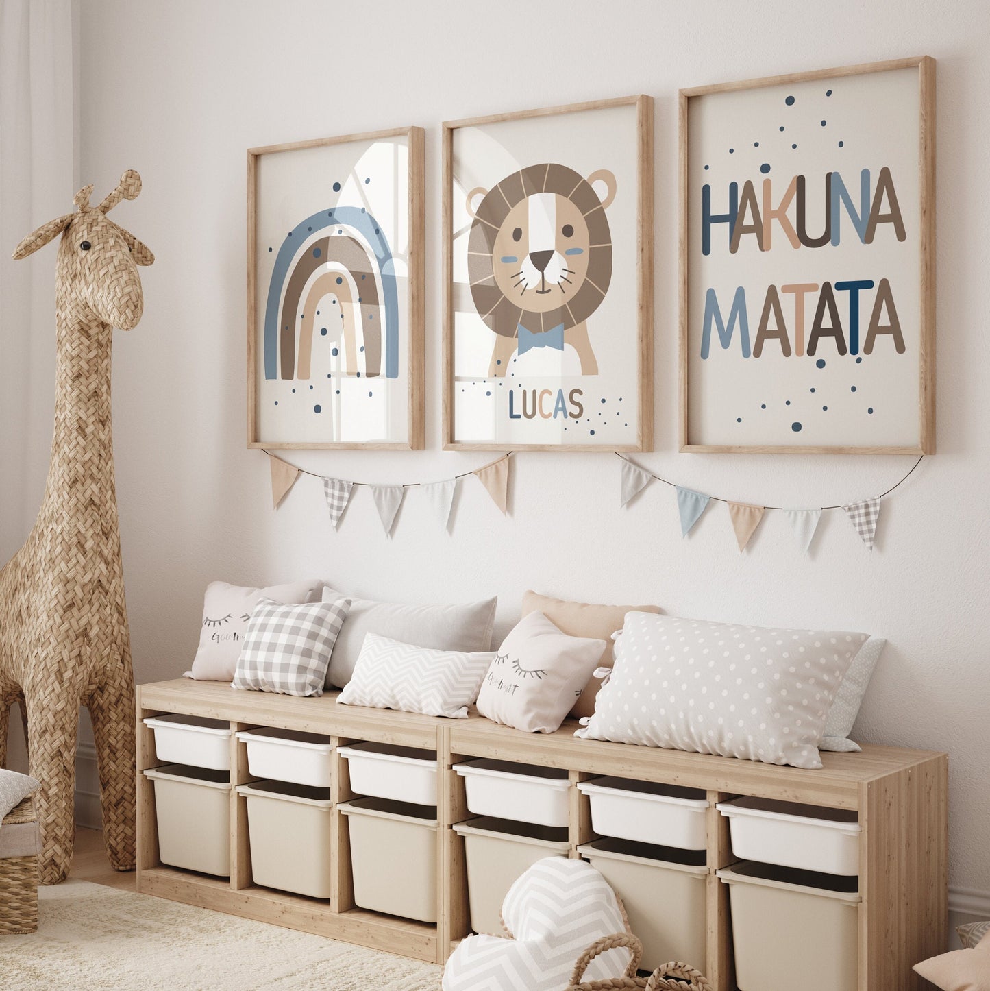 Set of 3 Jungle Animal 'Hakuna Matata' Wall Art Prints| Personalised Name| Boho, Safari, Lion, Rainbow| Nursery Child Kids Decor