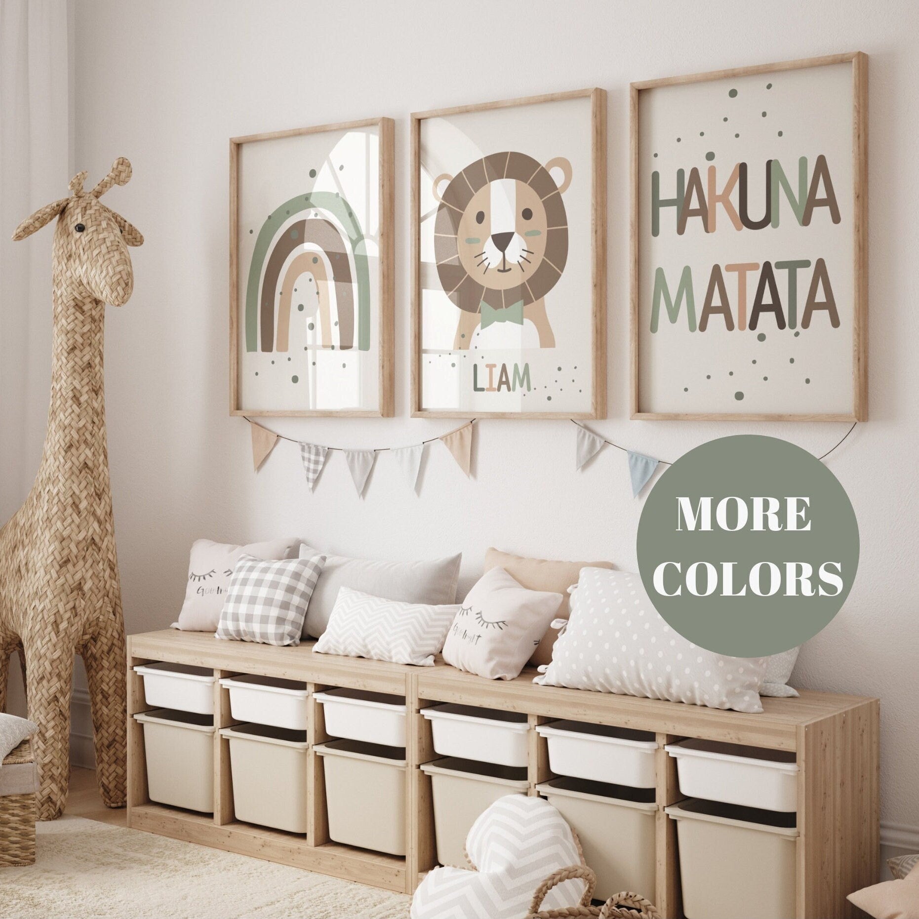 Set of 3 Jungle Animal 'Hakuna Matata' Wall Art Prints| Personalised Name| Boho, Safari, Lion, Rainbow| Nursery Child Kids Decor