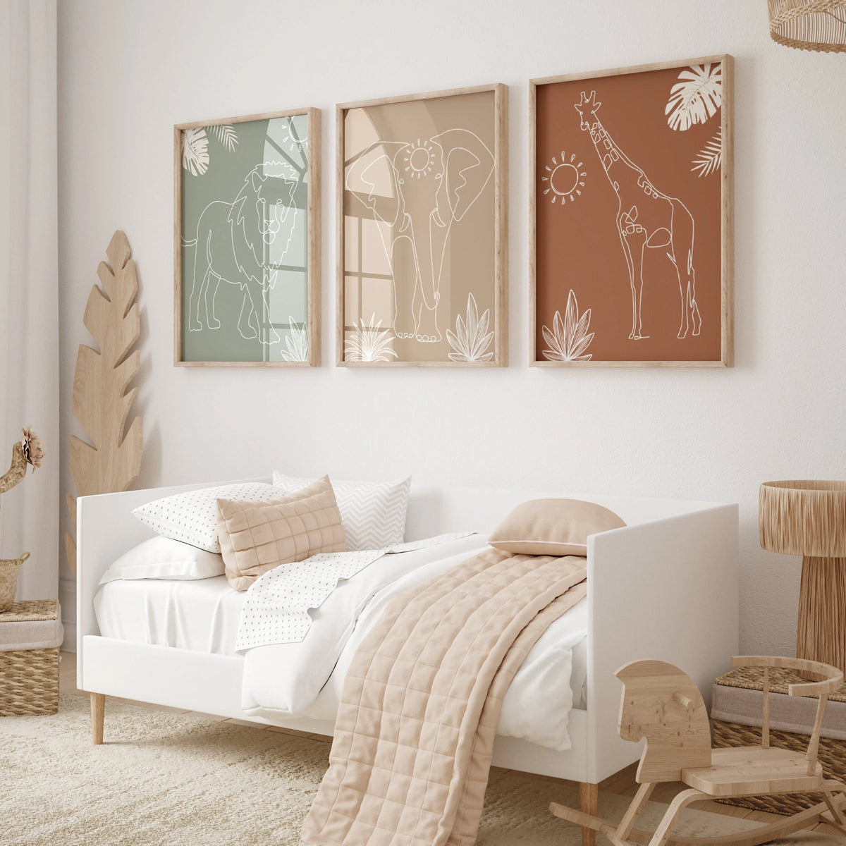 Safari Animals Nursery Wall Art Prints: Lion, Elephant, Giraffe, Boho Nursery decor (Digital Download)