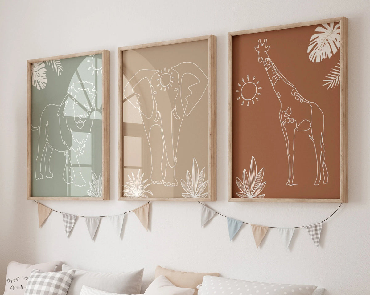Safari Animals Nursery Wall Art Prints: Lion, Elephant, Giraffe, Boho Nursery decor (Digital Download)