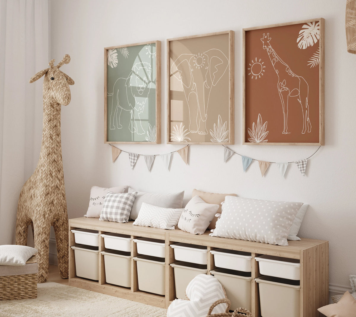 Safari Animals Nursery Wall Art Prints: Lion, Elephant, Giraffe, Boho Nursery decor (Digital Download)