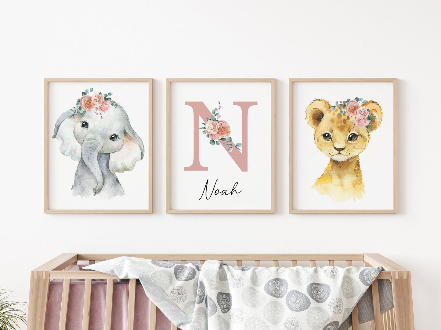 Baby Girl Safari Nursery Wall Art Set of 3 | Custom Name Sign, Wildflowers, lion, giraffe, elephant, zebra (digital download) Sartprintstudio