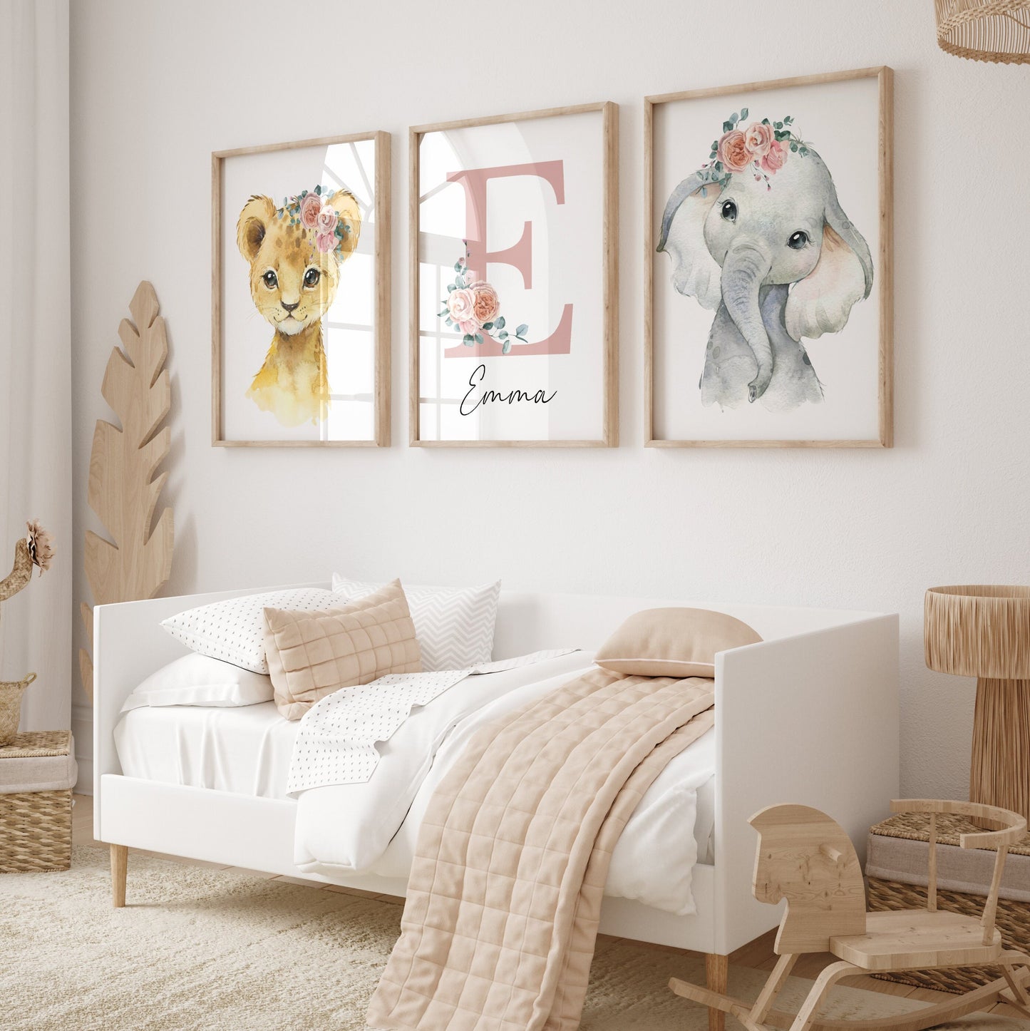 Baby Girl Safari Nursery Wall Art Set of 3 | Custom Name Sign, Wildflowers, lion, giraffe, elephant, zebra (digital download) Sartprintstudio