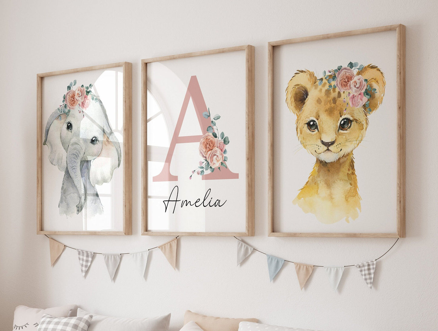 Baby Girl Safari Nursery Wall Art Set of 3 | Custom Name Sign, Wildflowers, lion, giraffe, elephant, zebra (digital download) Sartprintstudio