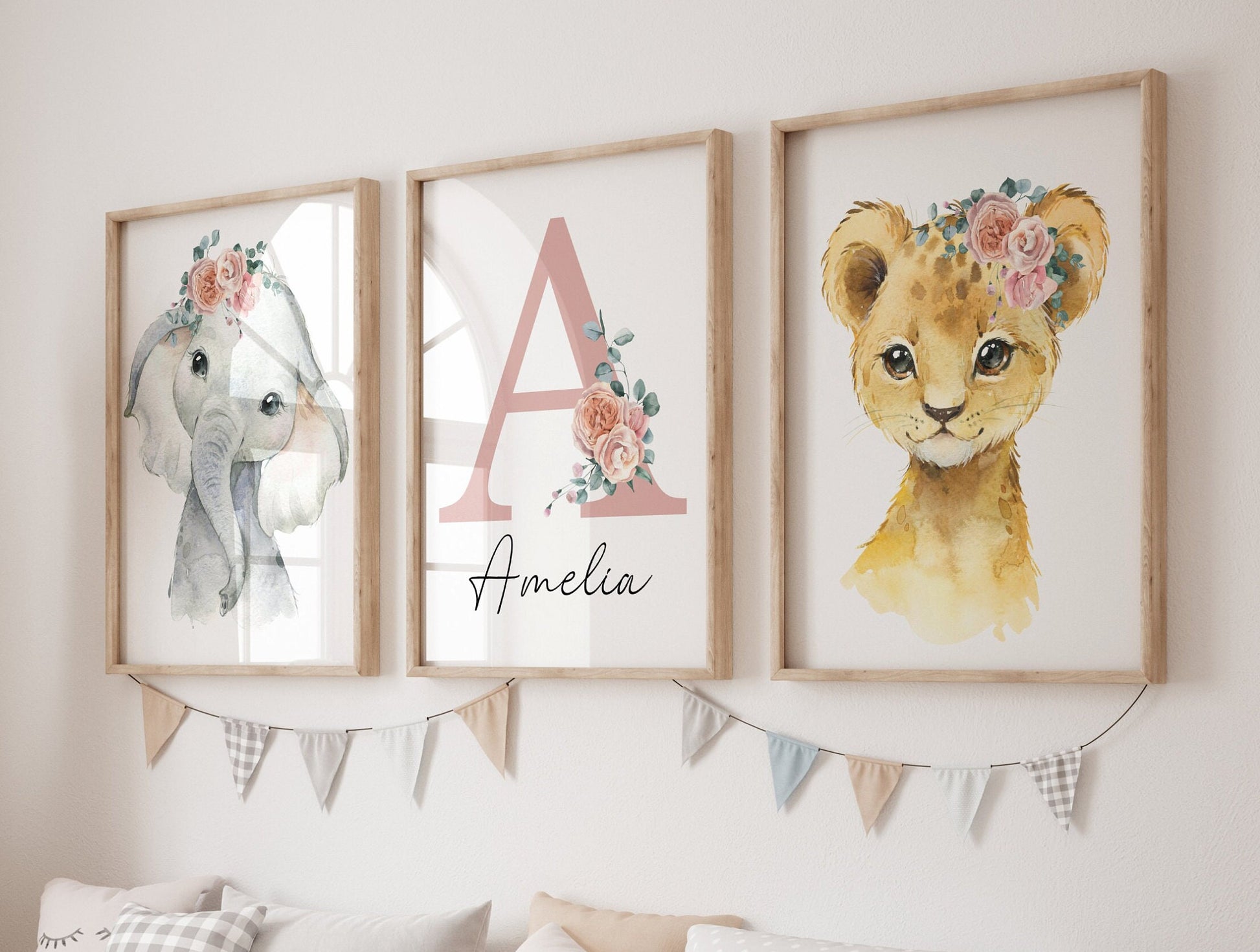Baby Girl Safari Nursery Wall Art Set of 3 | Custom Name Sign, Wildflowers, lion, giraffe, elephant, zebra (digital download) Sartprintstudio