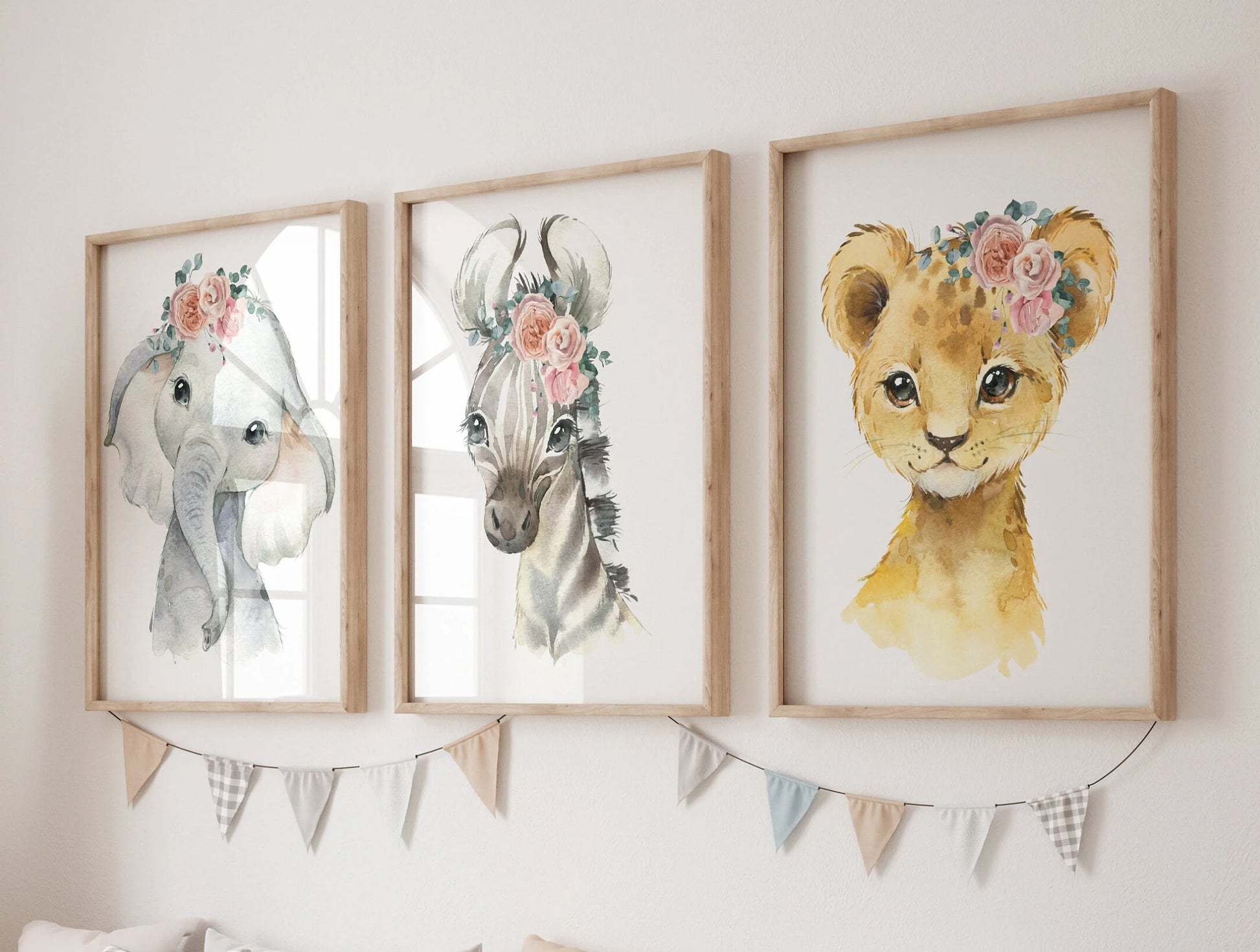 Safari Animal Nursery Prints for Girls | Pink Floral Lion, Zebra & Elephant Wall Art Set (Digital Download) Suartprintstudio