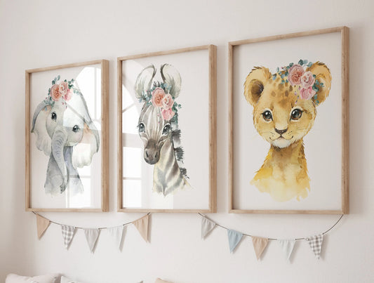 Safari Animal Nursery Prints for Girls | Pink Floral Lion, Zebra & Elephant Wall Art Set (Digital Download) Suartprintstudio