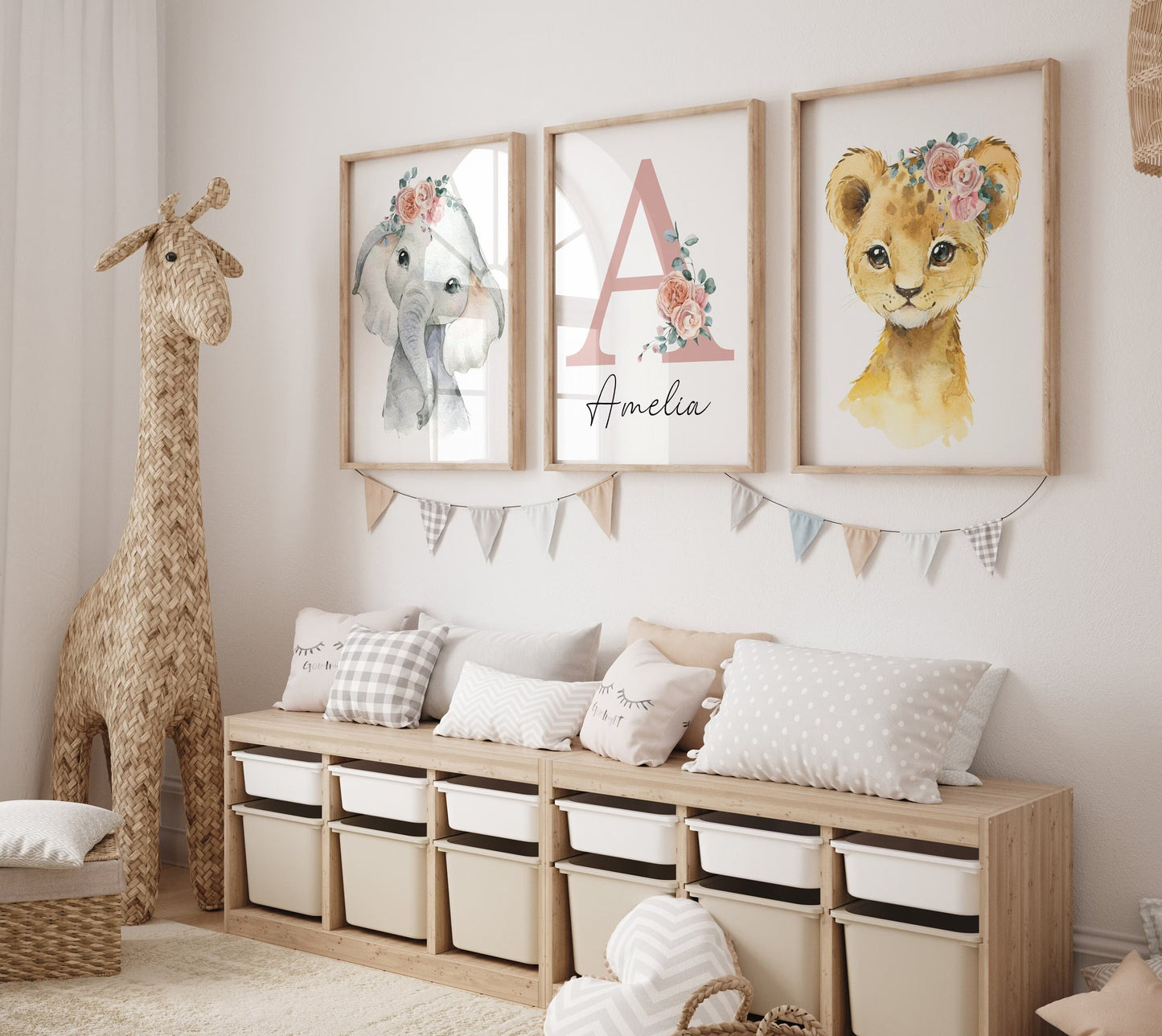 Baby Girl Safari Nursery Wall Art Set of 3 | Custom Name Sign, Wildflowers, lion, giraffe, elephant, zebra (digital download) Sartprintstudio