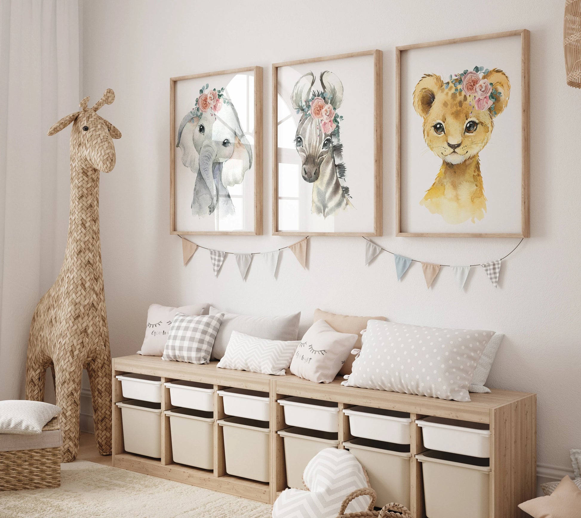 Safari Animal Nursery Prints for Girls | Pink Floral Lion, Zebra & Elephant Wall Art Set (Digital Download) Suartprintstudio