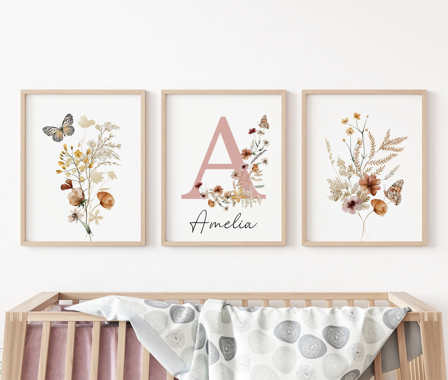 Set of 3 Personalized Nursery Name Sign Wall Art Prints | Boho, Wildflowers Nursery Decor|  Girls Room decor | Custom Digital Download