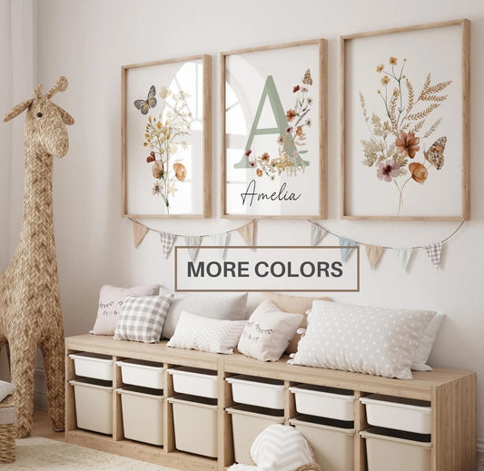 Set of 3 Personalized Nursery Name Sign Wall Art Prints | Boho, Wildflowers Nursery Decor|  Girls Room decor | Custom Digital Download
