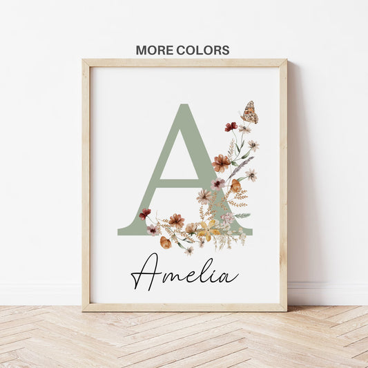 Boho Wildflowers Girl Nursery wall Art Prints: Personalized Name Print (Digital Download)