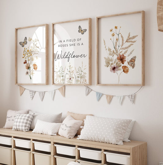Boho Wildflowers Nursery Wall Art Prints Set Of 3 | In a Field of Roses She is a Wildflower | Girl Nursery Decor | Digital Download Suartprintstudio