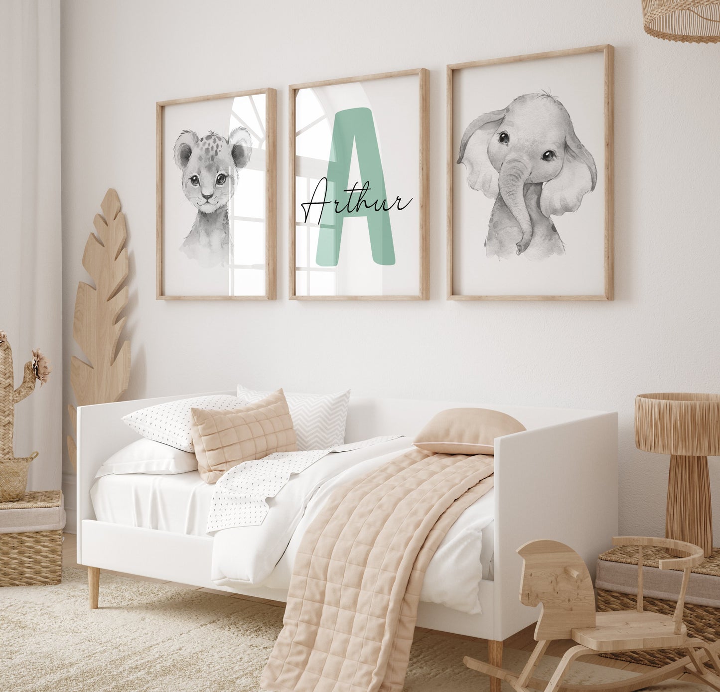 safari nursery decor baby room Wall Art prints with personalized name sign set of 3 animal prints