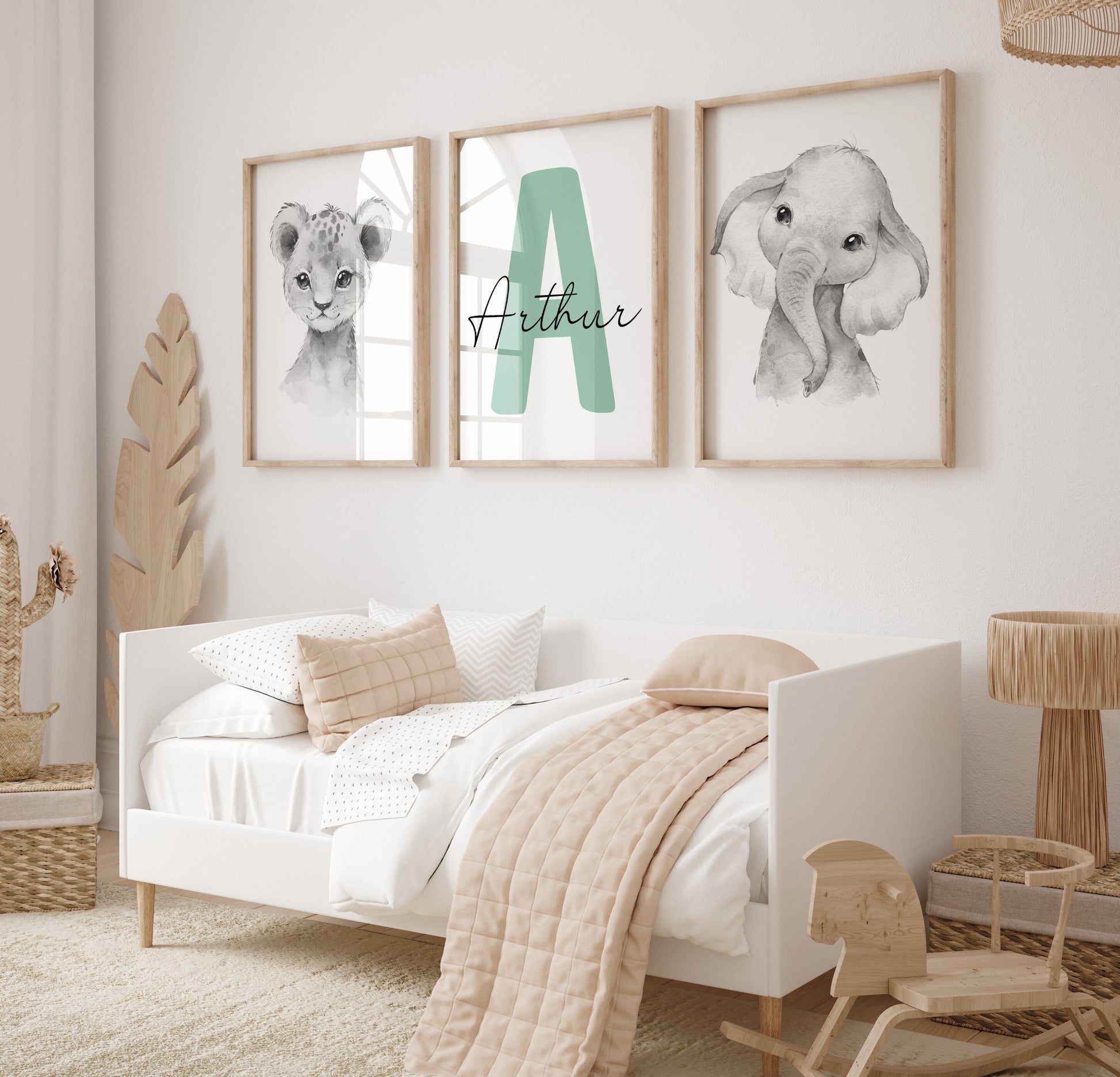 safari nursery decor baby room Wall Art prints with personalized name sign set of 3 animal prints