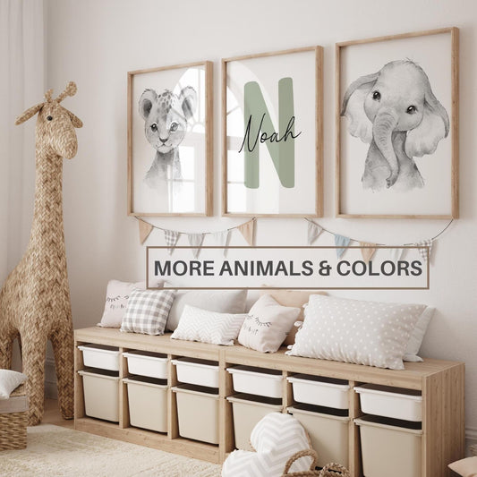 personalized safari nursery wall art set of 3 baby name sign animal prints lion elephant giraffe nursery decor, suartptrintstudio