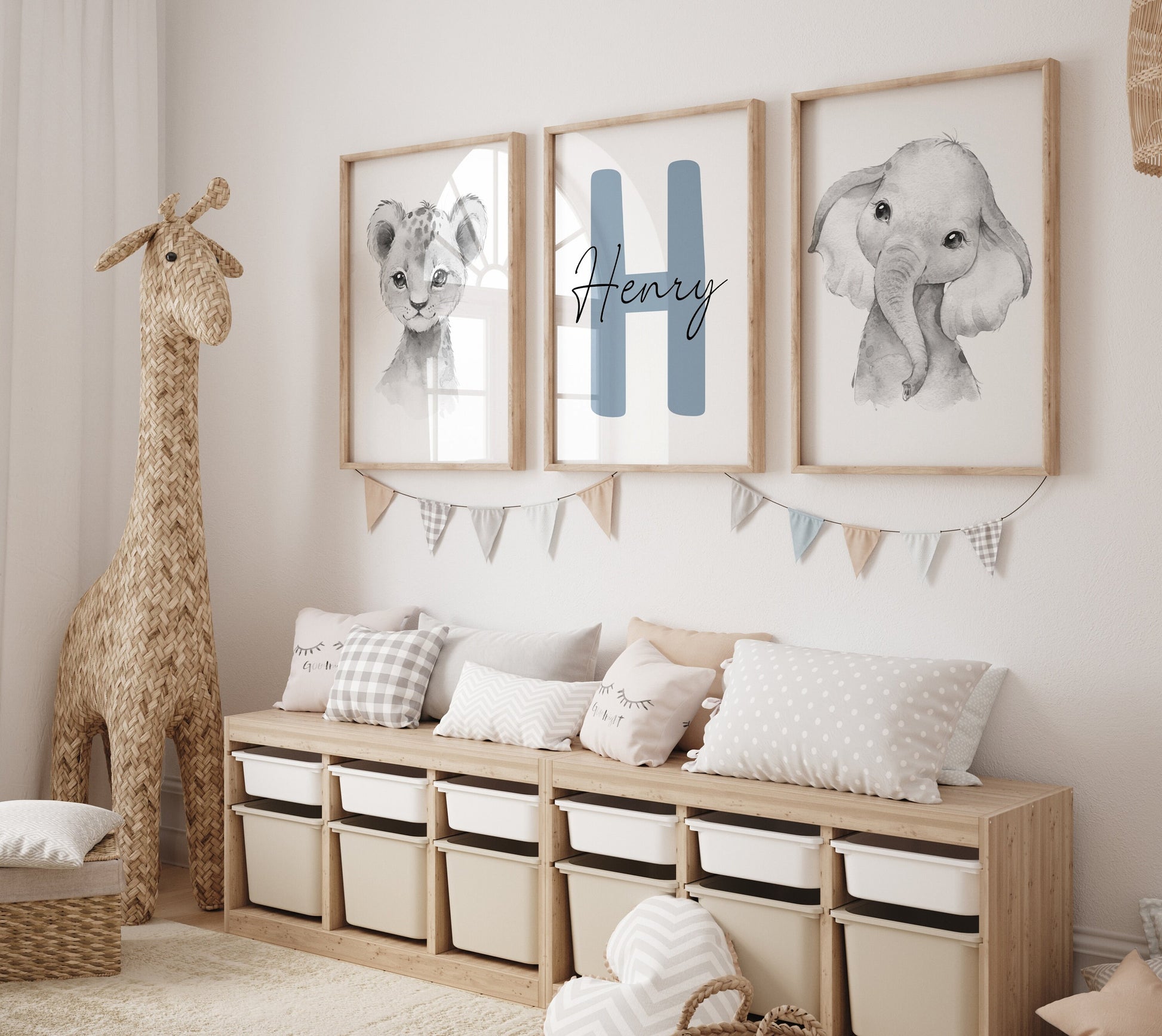 lion safari nursery wall art print watercolor animal baby room decor personalized nursery print, suartprintstudio