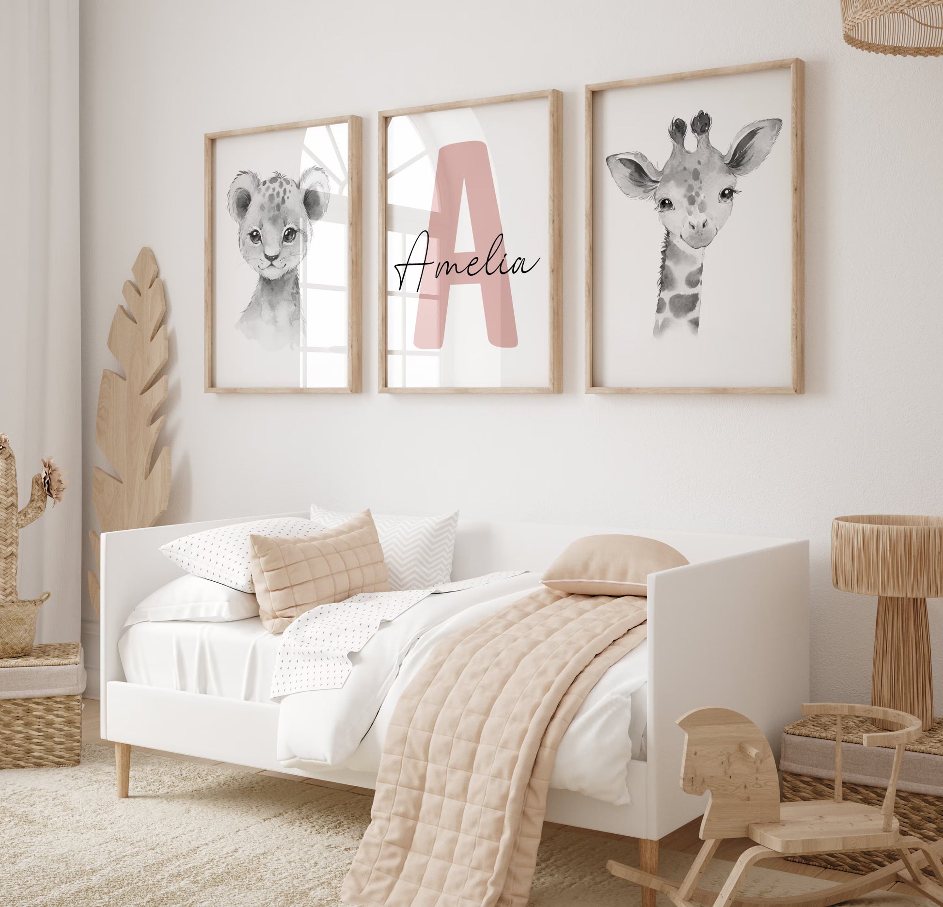 custom baby name sign safari nursery wall art watercolor animal prints neutral nursery decor, suartprintstudio