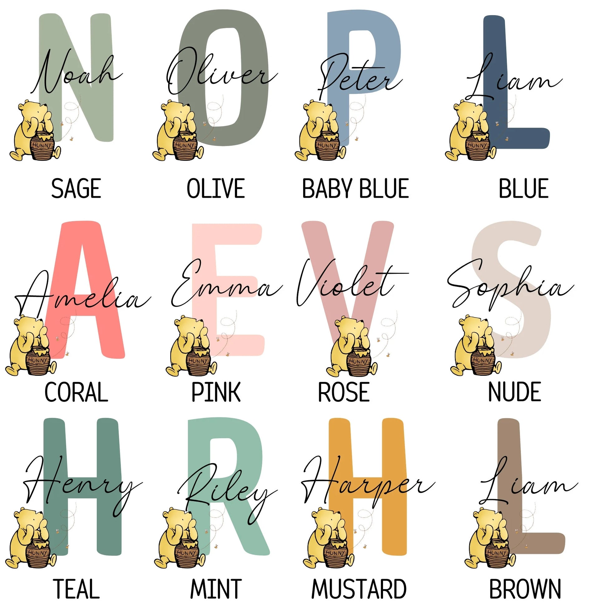 Winnie the Pooh personalised name print set of 3, nursery wall art, classic Pooh bear kids room decor, digital download