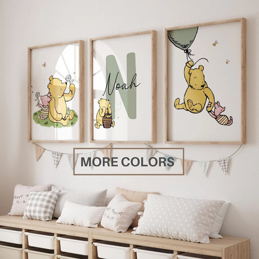 Winnie the Pooh personalised name print set of 3, nursery wall art, classic Pooh bear kids room decor, digital download