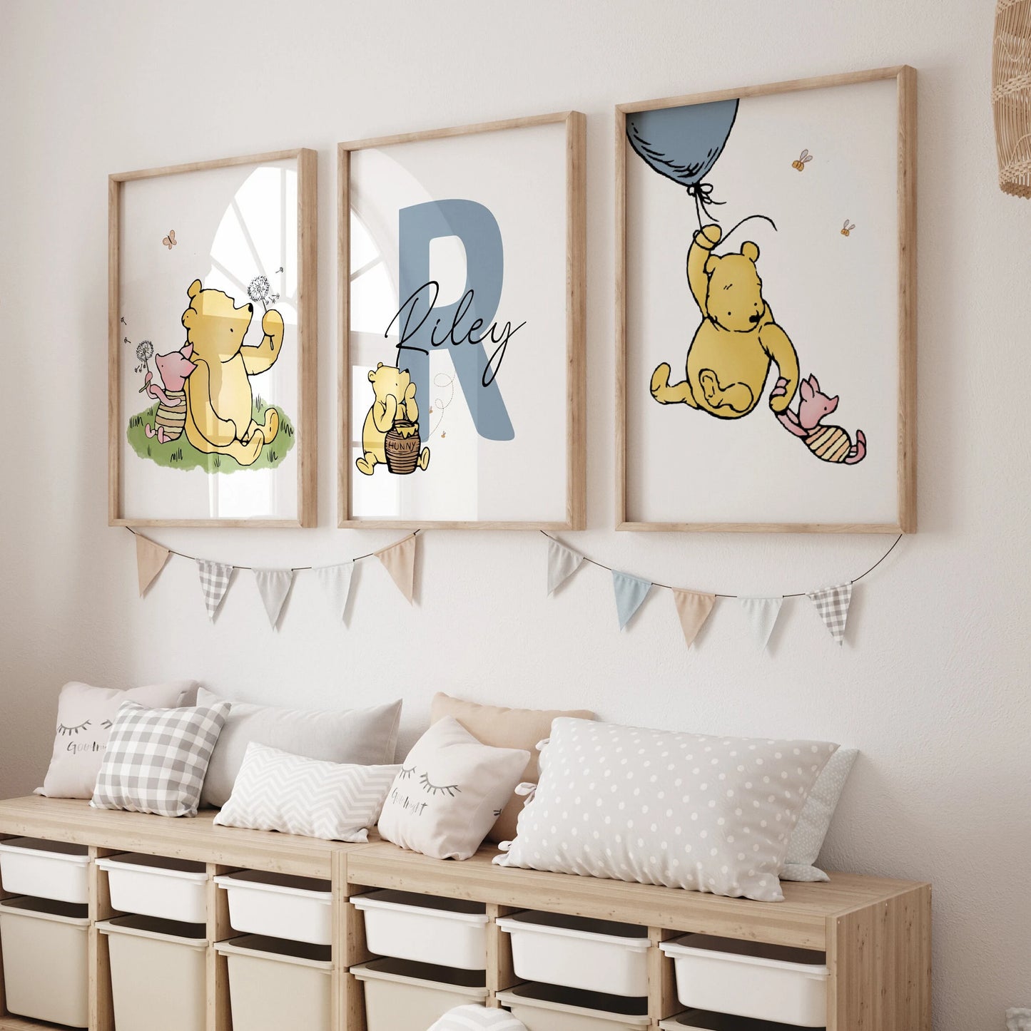Winnie the Pooh personalised name print set of 3, nursery wall art, classic Pooh bear kids room decor, digital download