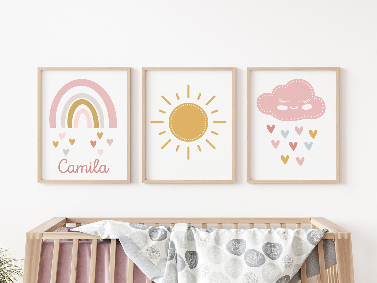 Personalized Baby Girl Nursery Wall Art Prints Set of 3: Rainbow, Name Sign, Cloud & Sun(Digital Download)
