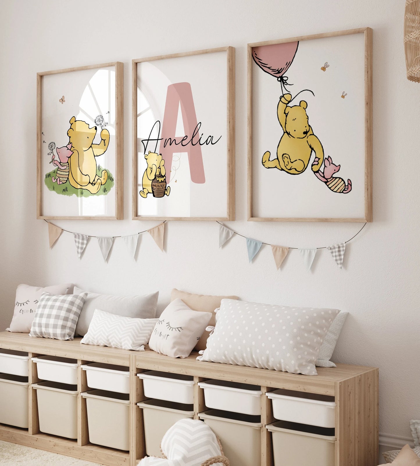 Winnie the Pooh personalised name print set of 3, nursery wall art, classic Pooh bear kids room decor, digital download