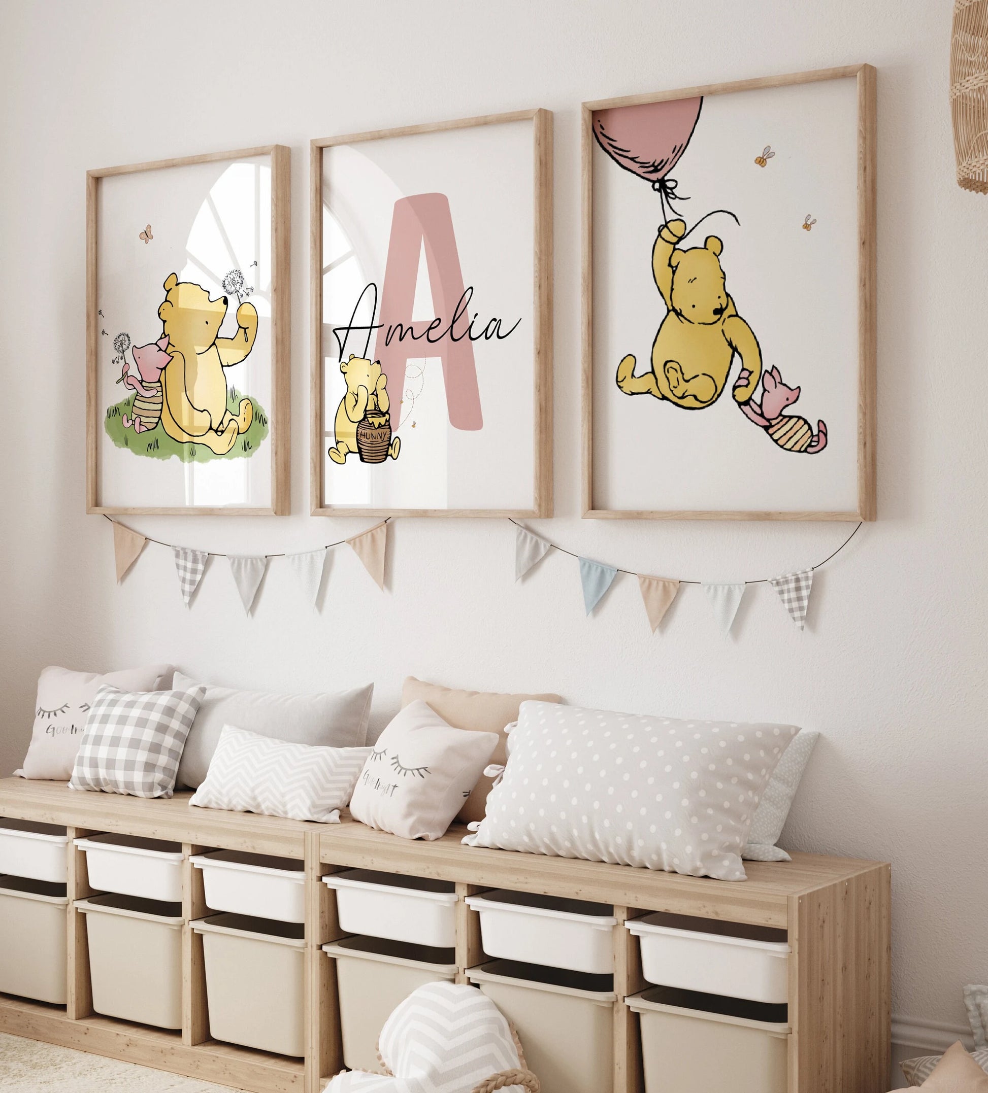Winnie the Pooh personalised name print set of 3, nursery wall art, classic Pooh bear kids room decor, digital download