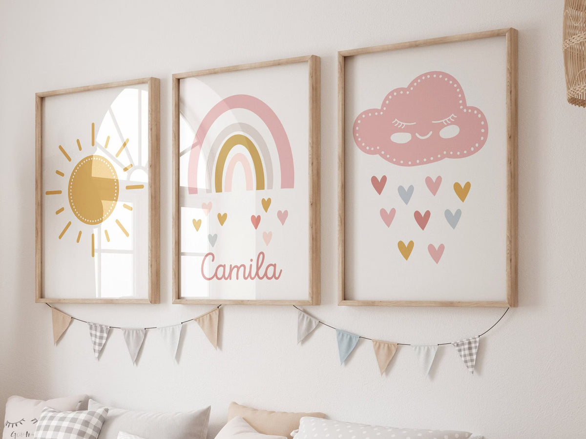 Personalized Baby Girl Nursery Wall Art Prints Set of 3: Rainbow, Name Sign, Cloud & Sun(Digital Download)