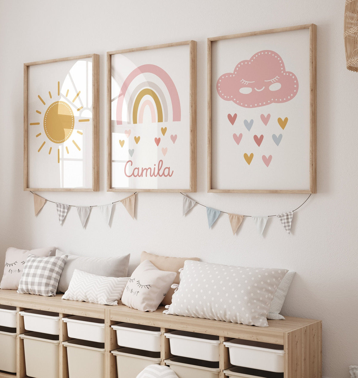 Personalized Baby Girl Nursery Wall Art Prints Set of 3: Rainbow, Name Sign, Cloud & Sun(Digital Download)