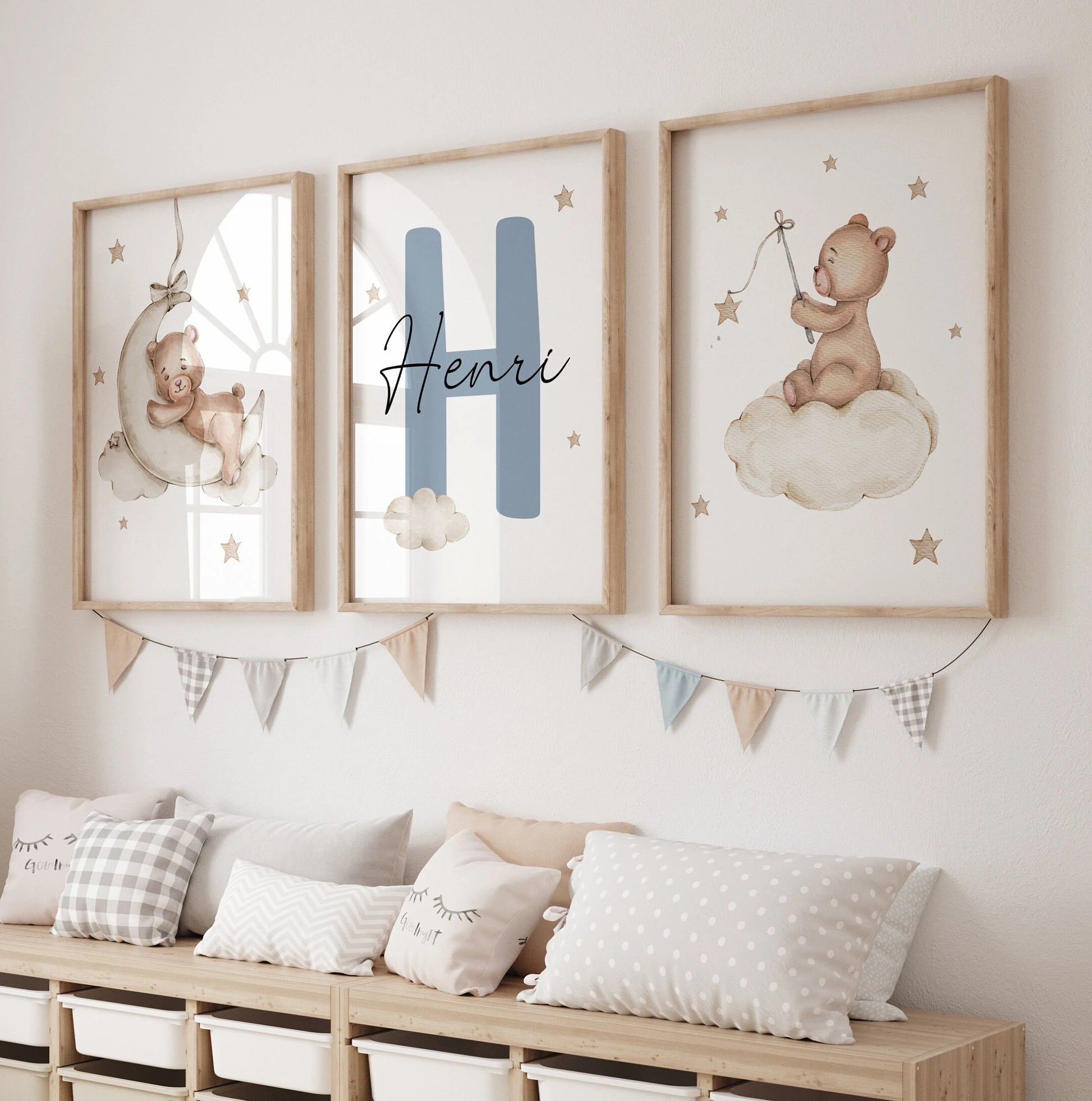 Teddy bear nursery decor set of 3, baby name sign neutral tones, kids room name sign personalised wall art digital download | SuArtPrintStudio