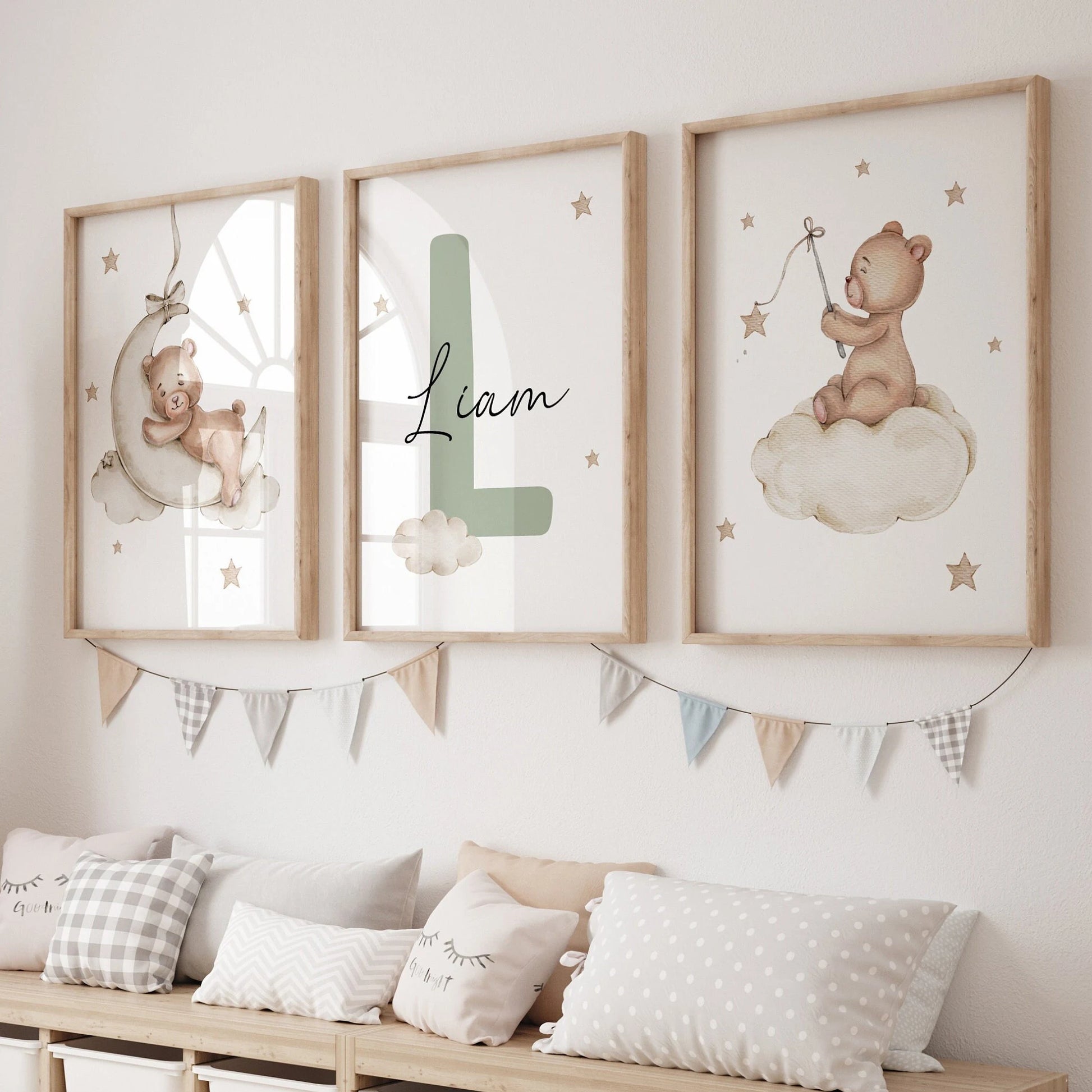 Watercolor teddy bear baby name sign, nursery name sign bear moon balloon, neutral nursery decor personalised print | SuArtPrintStudio