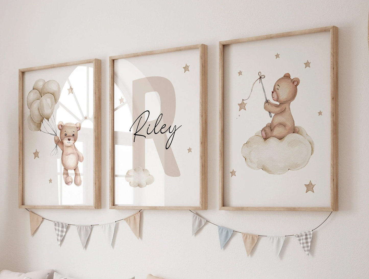 Personalised nursery name sign teddy bear print sizes, baby name sign kids room decor instant download, nursery wall art | SuArtPrintStudio
