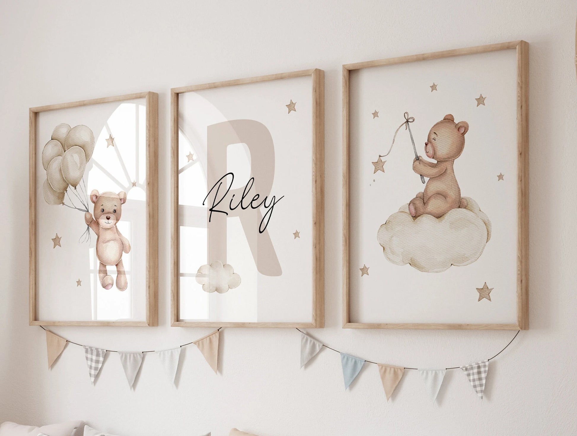 Personalised nursery name sign teddy bear print sizes, baby name sign kids room decor instant download, nursery wall art | SuArtPrintStudio
